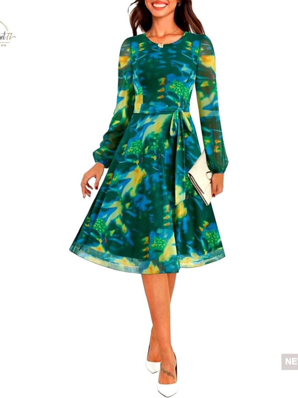 Mesh Long Sleeve Floral Midi Dress A Line Cocktail Party Wedding Guest